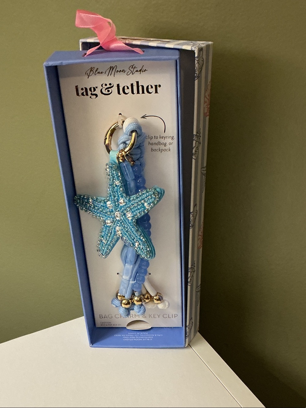 Blue Moon Studio Tag & Tether Blue Starfish Beaded Bag Charm & Key Clip NEW
